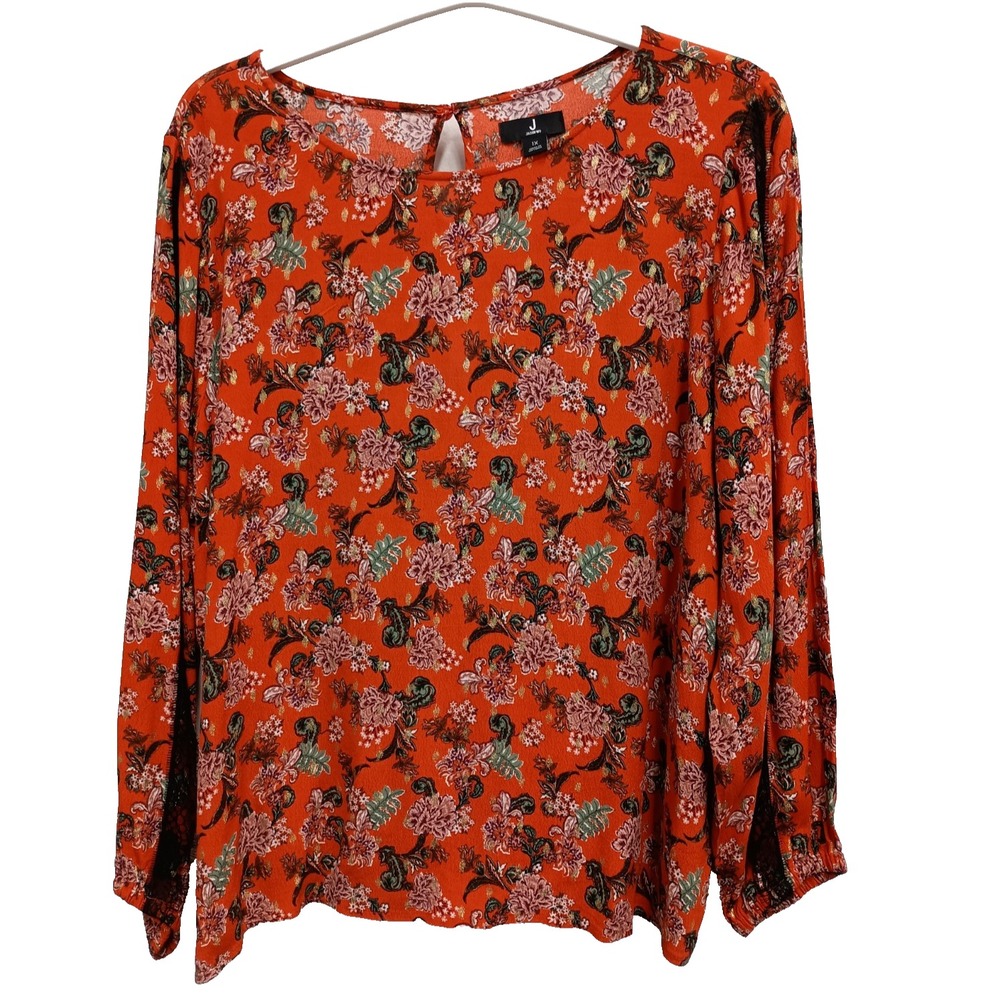 Jason Wu Top Womens Size 1X Orange Lace Trim Floral BOHO Cottage Long Sleeve